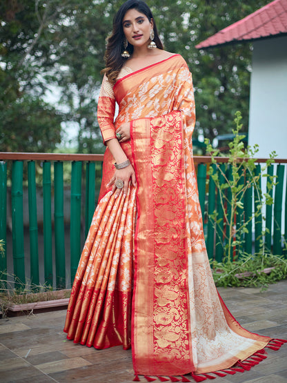 Rajwada Women's Orange Banarasi Silk  Saree with unstitched Blouse