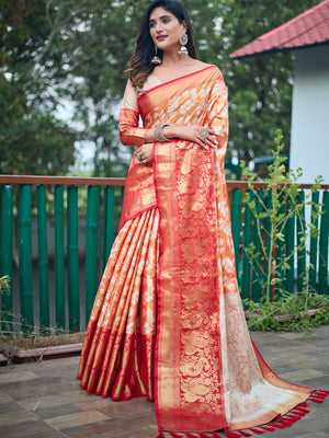 Rajwada Women's Orange Banarasi Silk  Saree with unstitched Blouse