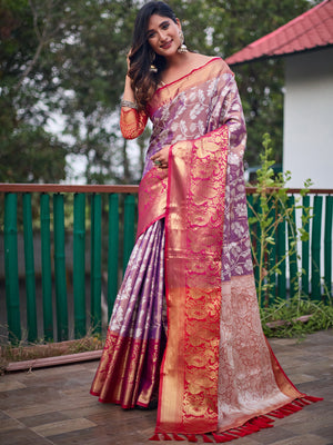 Rajwada Women's Violet Banarasi Silk  Saree with unstitched Blouse