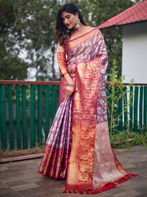 Rajwada Women's Violet Banarasi Silk  Saree with unstitched Blouse