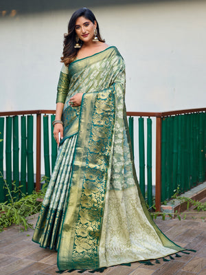 Rajwada Women's Green Banarasi Silk  Saree with unstitched Blouse