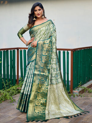 Rajwada Women's Green Banarasi Silk  Saree with unstitched Blouse