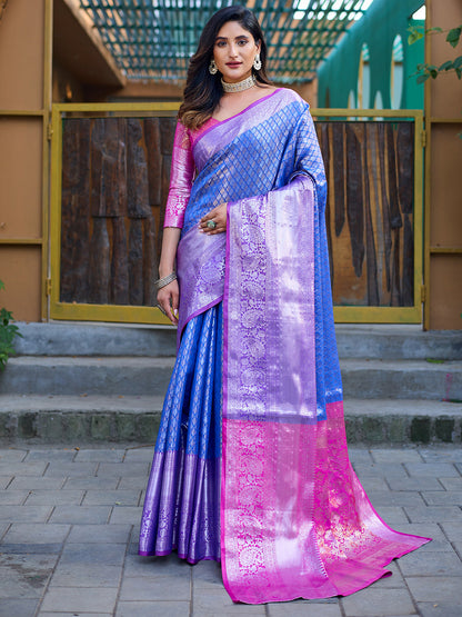 Rajwada Blue Banarasi Silk  Saree with unstitched Blouse For Women