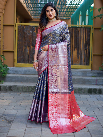 Rajwada Grey Banarasi Silk  Saree with unstitched Blouse For Women