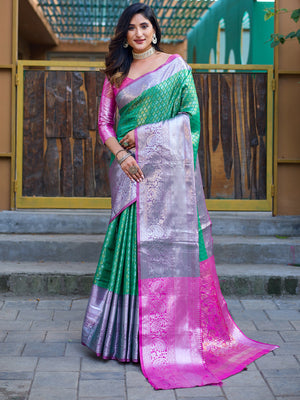 Rajwada Green Banarasi Silk  Saree with unstitched Blouse For Women