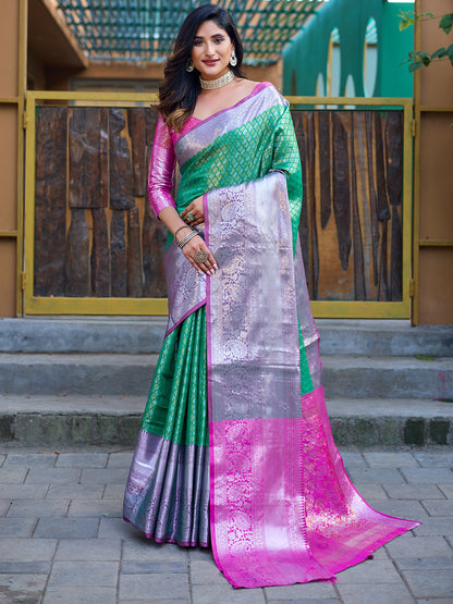 Rajwada Green Banarasi Silk  Saree with unstitched Blouse For Women