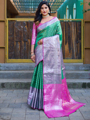 Rajwada Green Banarasi Silk  Saree with unstitched Blouse For Women