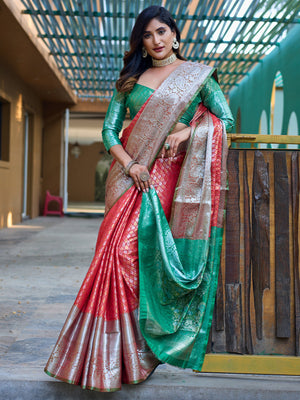 Rajwada Red Banarasi Silk  Saree with unstitched Blouse For Women