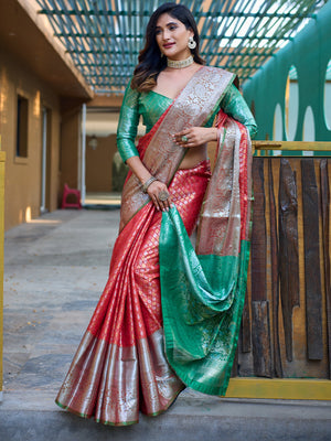 Rajwada Red Banarasi Silk  Saree with unstitched Blouse For Women