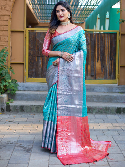 Rajwada Blue Banarasi Silk Saree with unstitched Blouse For Women