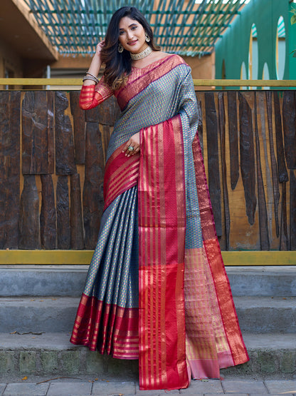 Rajwada Grey Silk  Saree with unstitched Blouse For Women