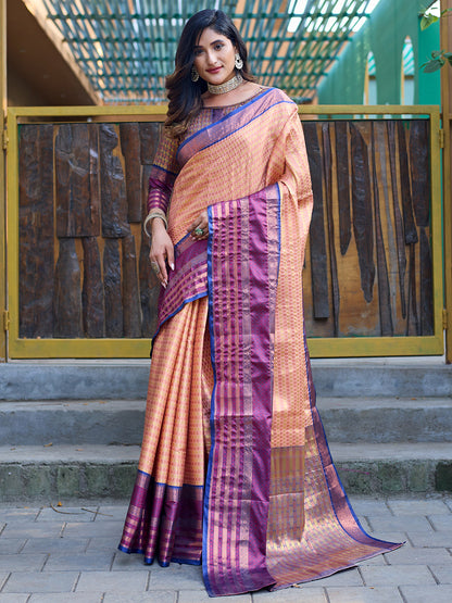 Rajwada Peach Silk  Saree with unstitched Blouse For Women