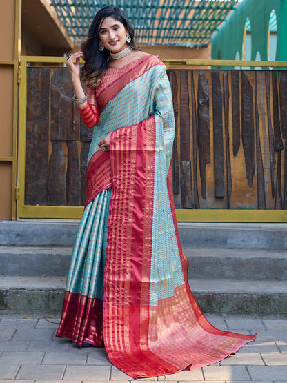 Rajwada Blue Silk Saree with unstitched Blouse For Women
