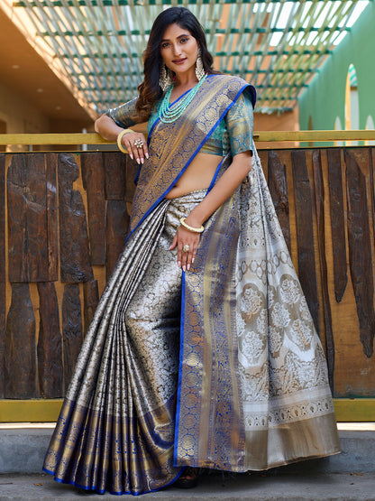 Rajwada Grey Silk Saree with unstitched Blouse For Women