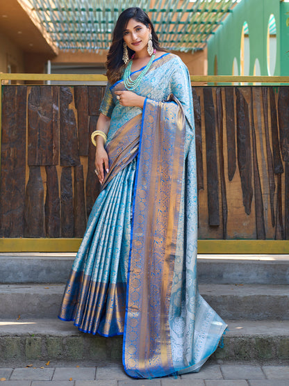 Rajwada Blue Silk Saree with unstitched Blouse For Women