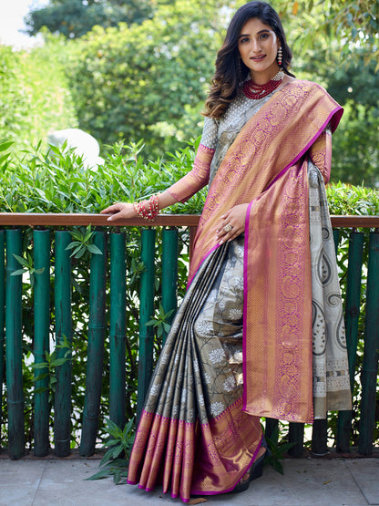 Rajwada Grey Silk Saree with unstitched Blouse For Women