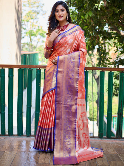 Rajwada Peach Silk Saree with unstitched Blouse For Women
