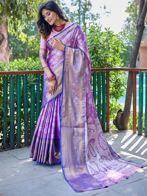 Rajwada Purple Silk Saree with unstitched Blouse For Women