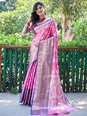 Rajwada Pink Silk Saree with unstitched Blouse For Women