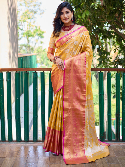 Rajwada Yellow Silk Saree with unstitched Blouse For Women