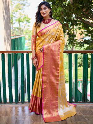Rajwada Yellow Silk Saree with unstitched Blouse For Women