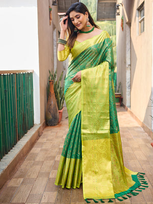 Rajwada Women's Green Silk  Saree with unstitched Blouse