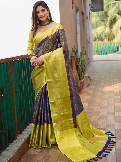 Rajwada Navy Blue Silk  Saree with unstitched Blouse For Women
