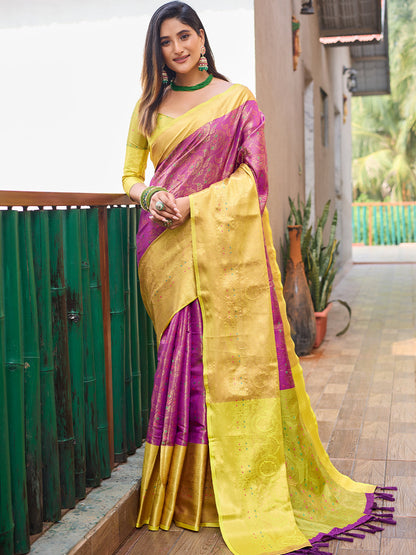Rajwada Purple Silk Saree with unstitched Blouse For Women