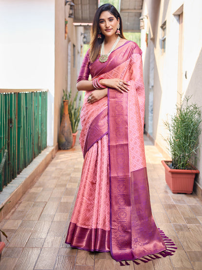Rajwada Women's Peach Silk  Saree with unstitched Blouse