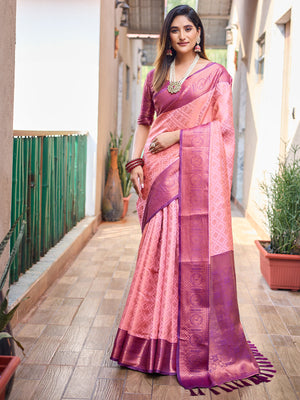 Rajwada Women's Peach Silk  Saree with unstitched Blouse