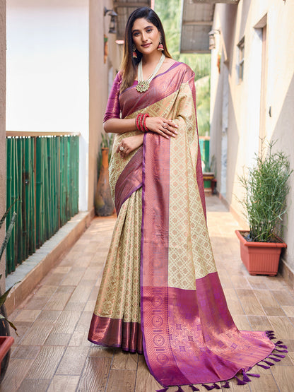 Rajwada Women's Beige Silk  Saree with unstitched Blouse