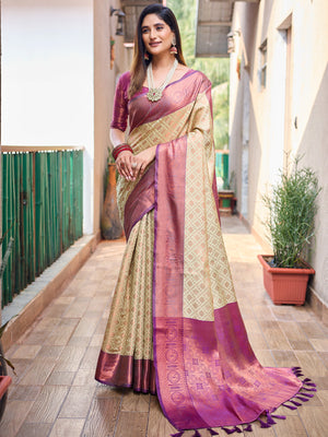 Rajwada Women's Beige Silk  Saree with unstitched Blouse