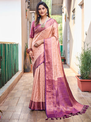 Rajwada Women's Peach Silk  Saree with unstitched Blouse