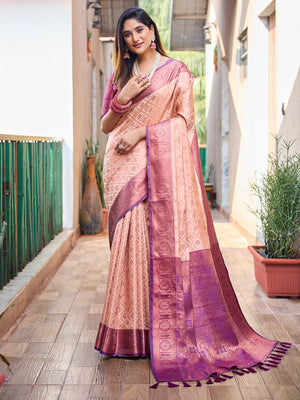 Rajwada Women's Peach Silk  Saree with unstitched Blouse
