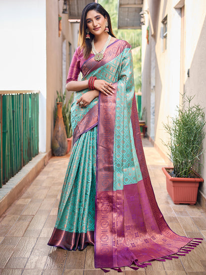 Rajwada Women's Blue Silk  Saree with unstitched Blouse