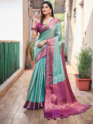 Rajwada Women's Blue Silk  Saree with unstitched Blouse