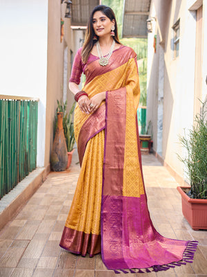 Rajwada Women's Yellow Silk Saree with unstitched Blouse