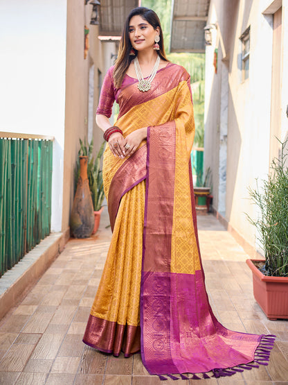 Rajwada Women's Yellow Silk Saree with unstitched Blouse