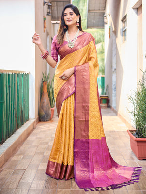 Rajwada Women's Yellow Silk Saree with unstitched Blouse
