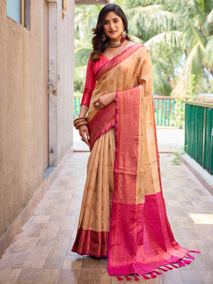 Rajwada Women's Beige Silk  Saree with unstitched Blouse