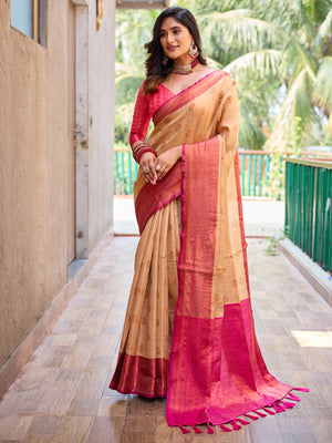 Rajwada Women's Beige Silk  Saree with unstitched Blouse
