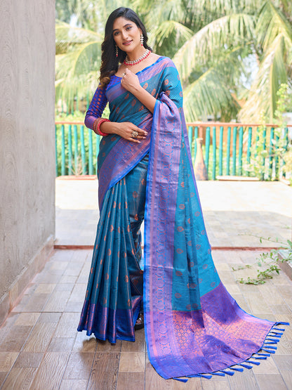 Rajwada Women's Blue Silk  Saree with unstitched Blouse