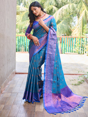 Rajwada Women's Blue Silk  Saree with unstitched Blouse