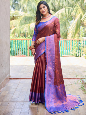 Rajwada Women's Maroon Silk  Saree with unstitched Blouse