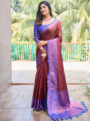 Rajwada Women's Maroon Silk  Saree with unstitched Blouse