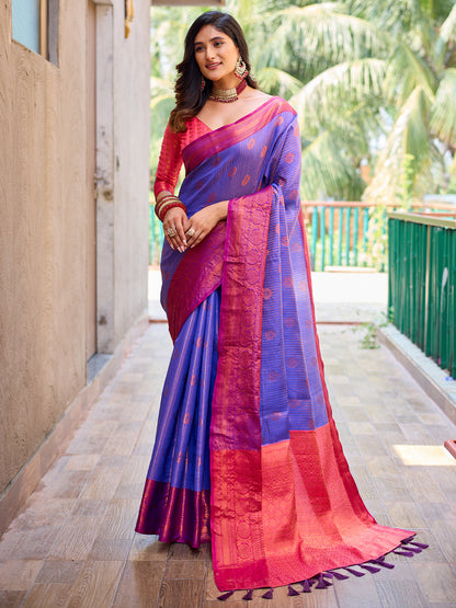 Rajwada Women's Blue Silk  Saree with unstitched Blouse