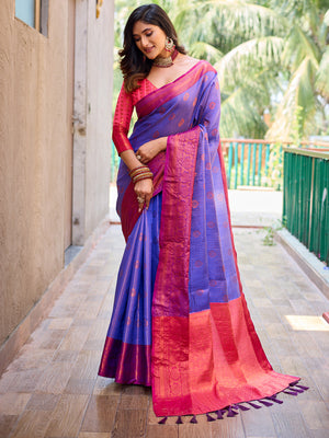 Rajwada Women's Blue Silk  Saree with unstitched Blouse