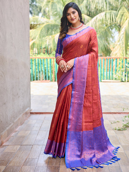 Rajwada Women's Orange Silk  Saree with unstitched Blouse
