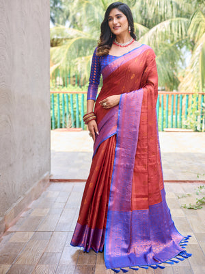 Rajwada Women's Orange Silk  Saree with unstitched Blouse