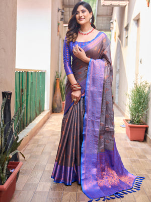Rajwada Women's Purple Silk  Saree with unstitched Blouse
